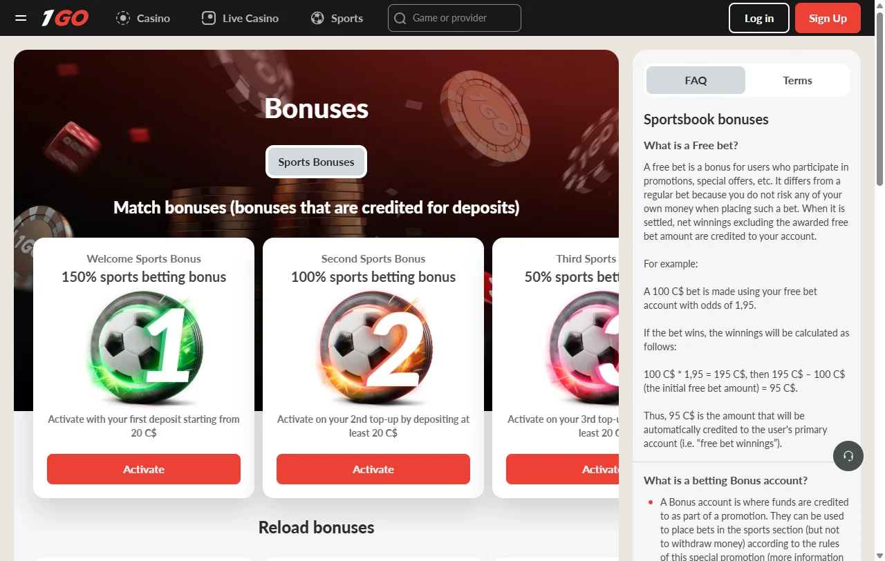 1Go Casino games library with slots and live tables