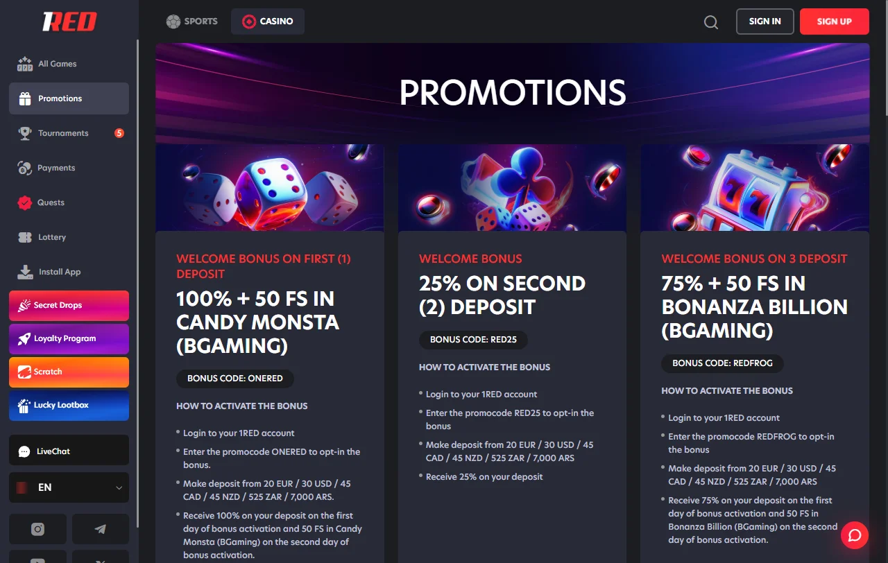 1Red Casino games selection with slots and live dealer coverage