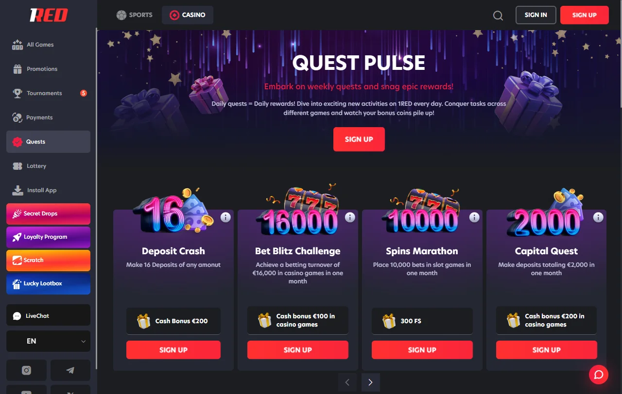 1Red Casino bonus terms and welcome offer details for players