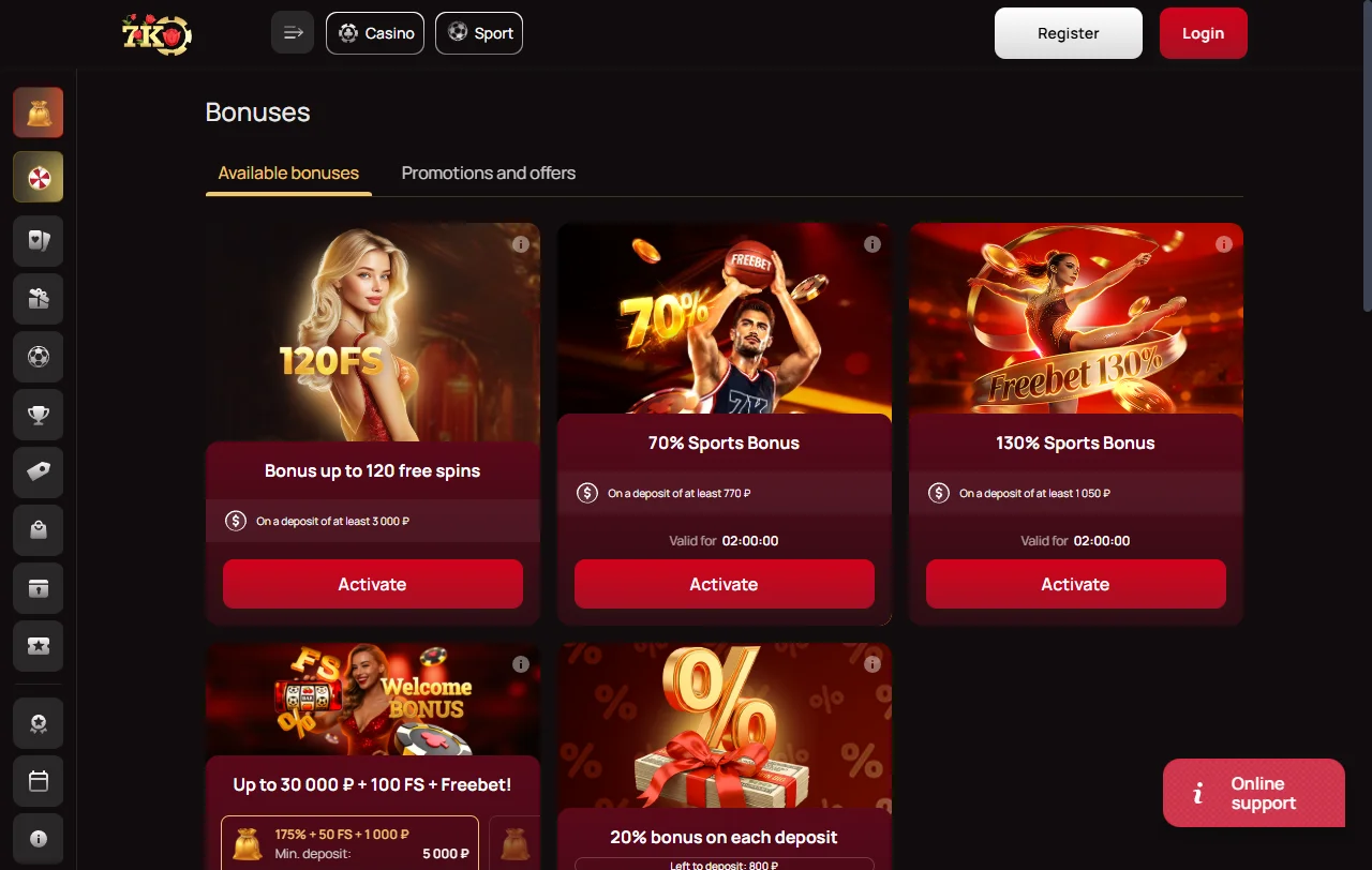 7k Casino games library with slots, tables, and live options