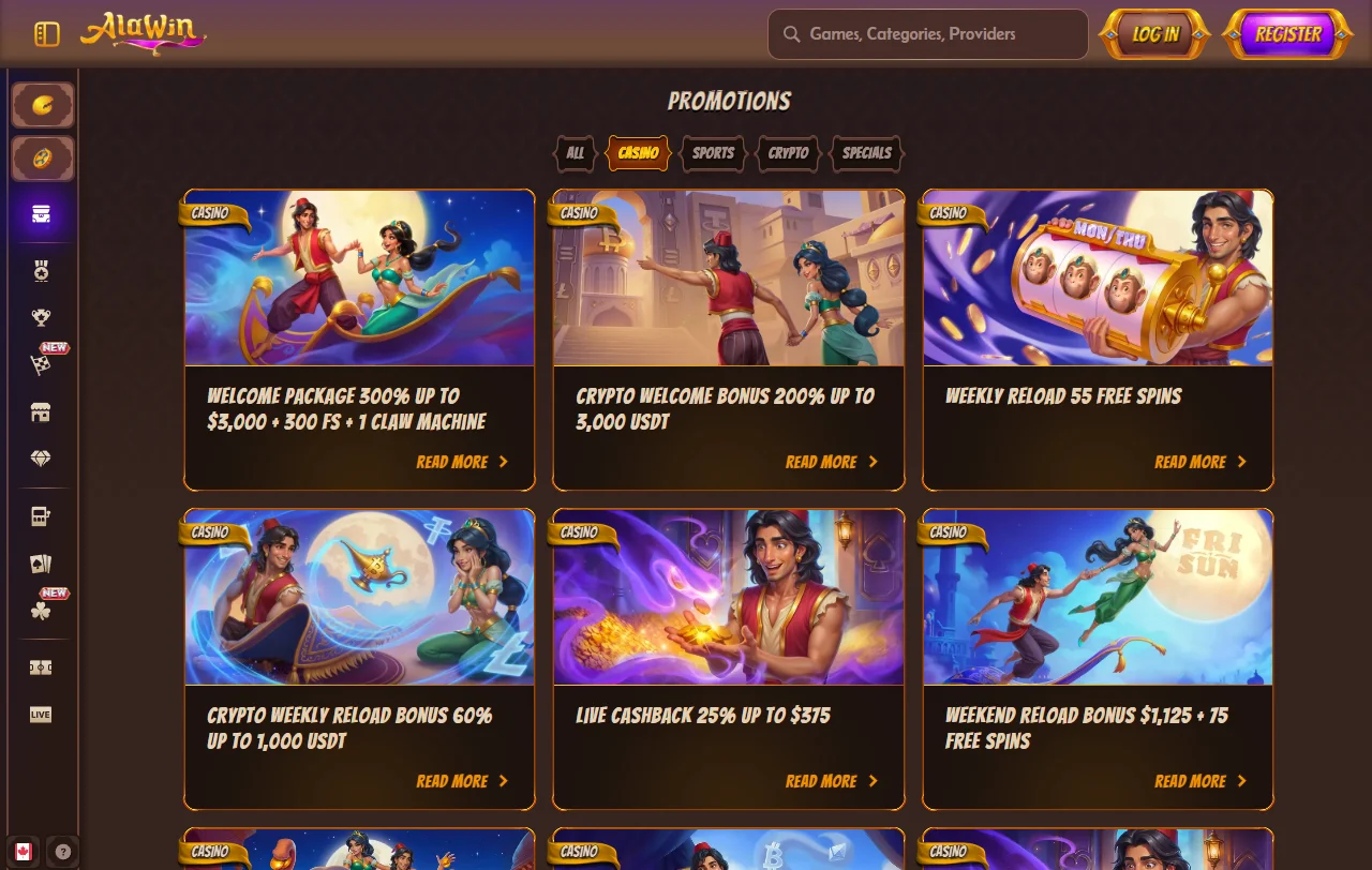 Alawin Casino games overview with slots, tables, and live options