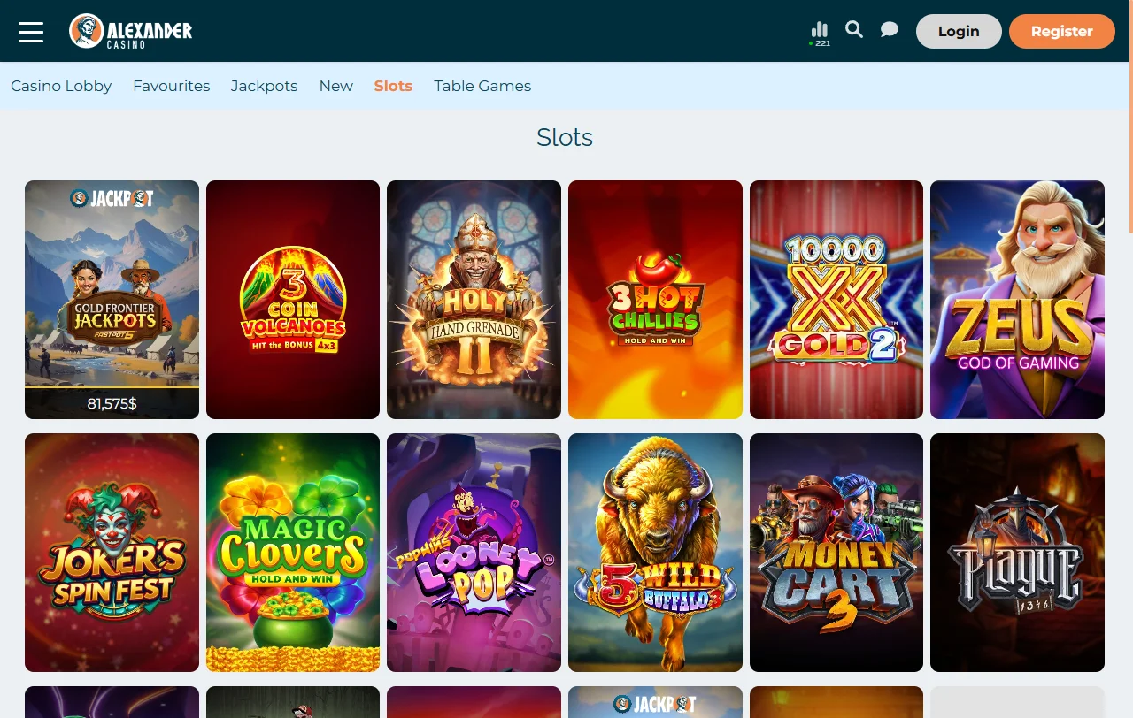 Alexander Casino slots, live games and table play overview