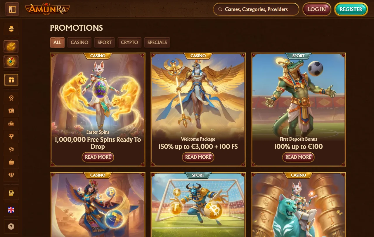 AmunRa Casino games library with slots, table play, and live options
