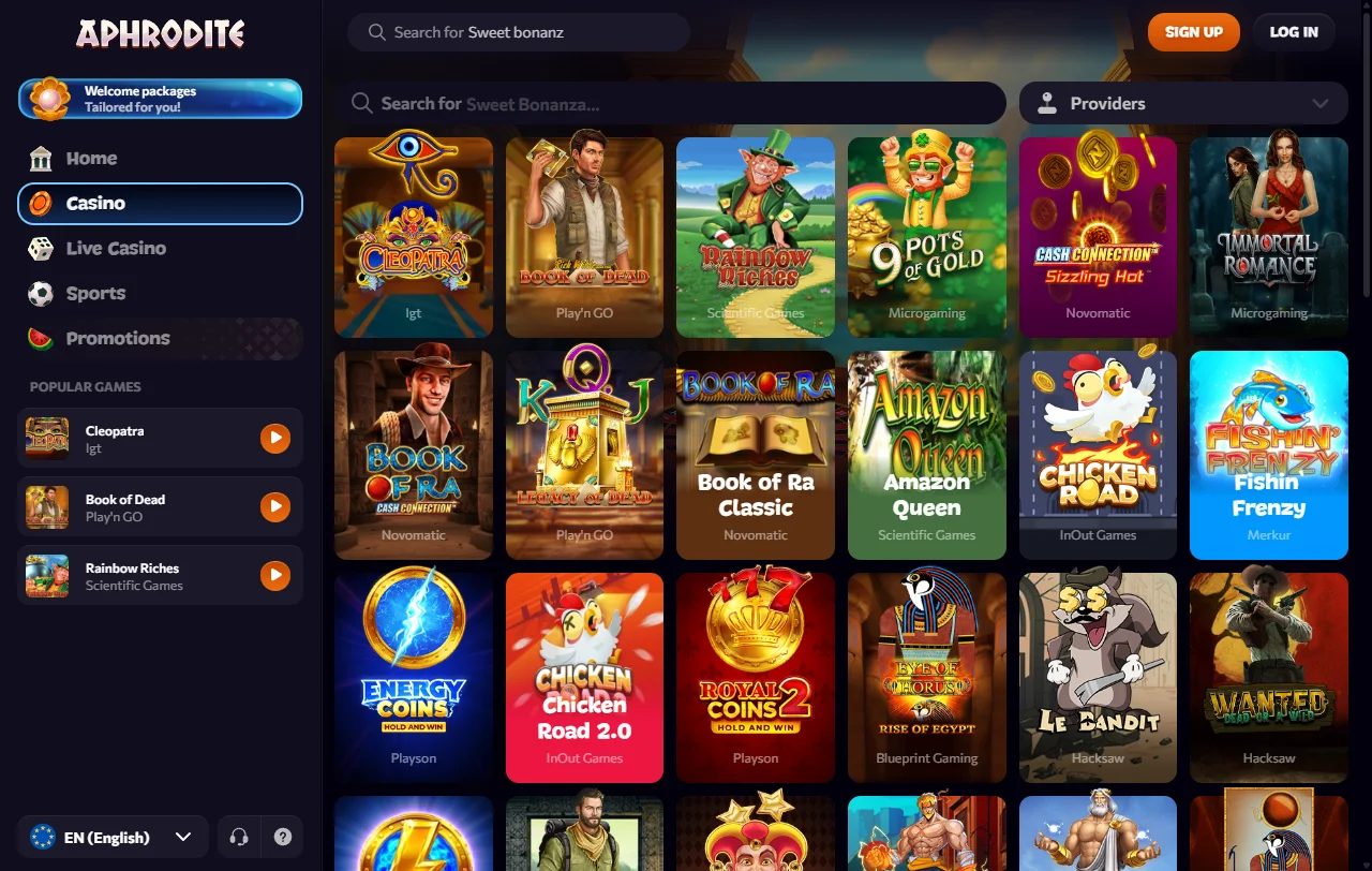 Aphrodite Casino game library overview with slots and live casino