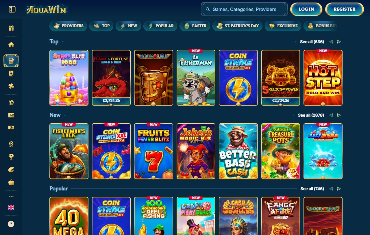 Aquawin Casino slot library and live dealer entertainment focus