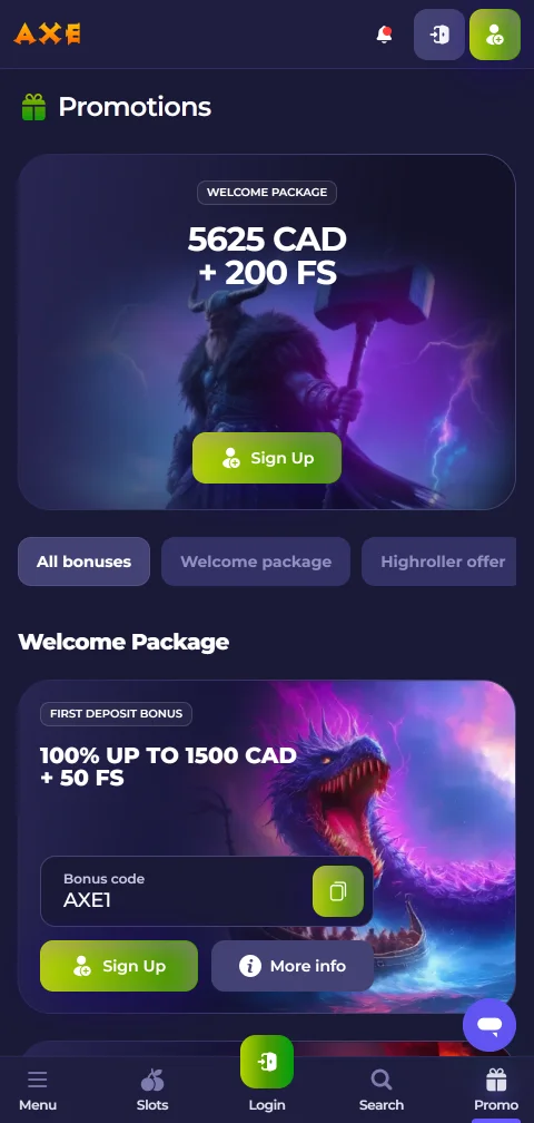 Axe Casino mobile access and browsing experience for players