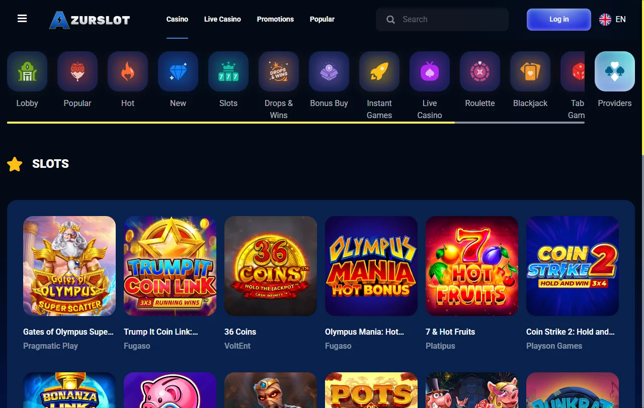 AzurSlot Casino games, live tables, and provider mix overview