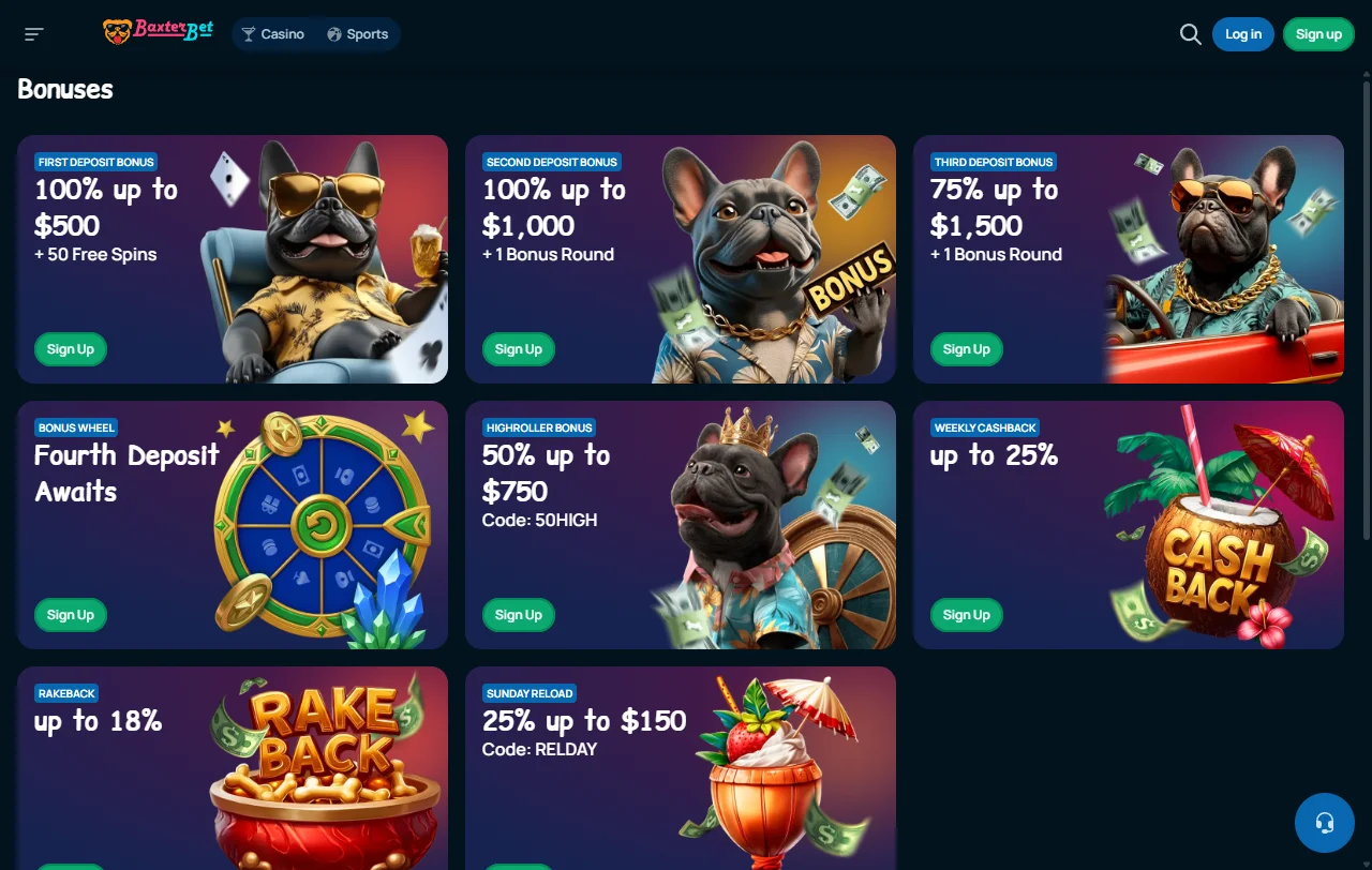 Baxterbet Casino games and live dealer selection for Canadian players