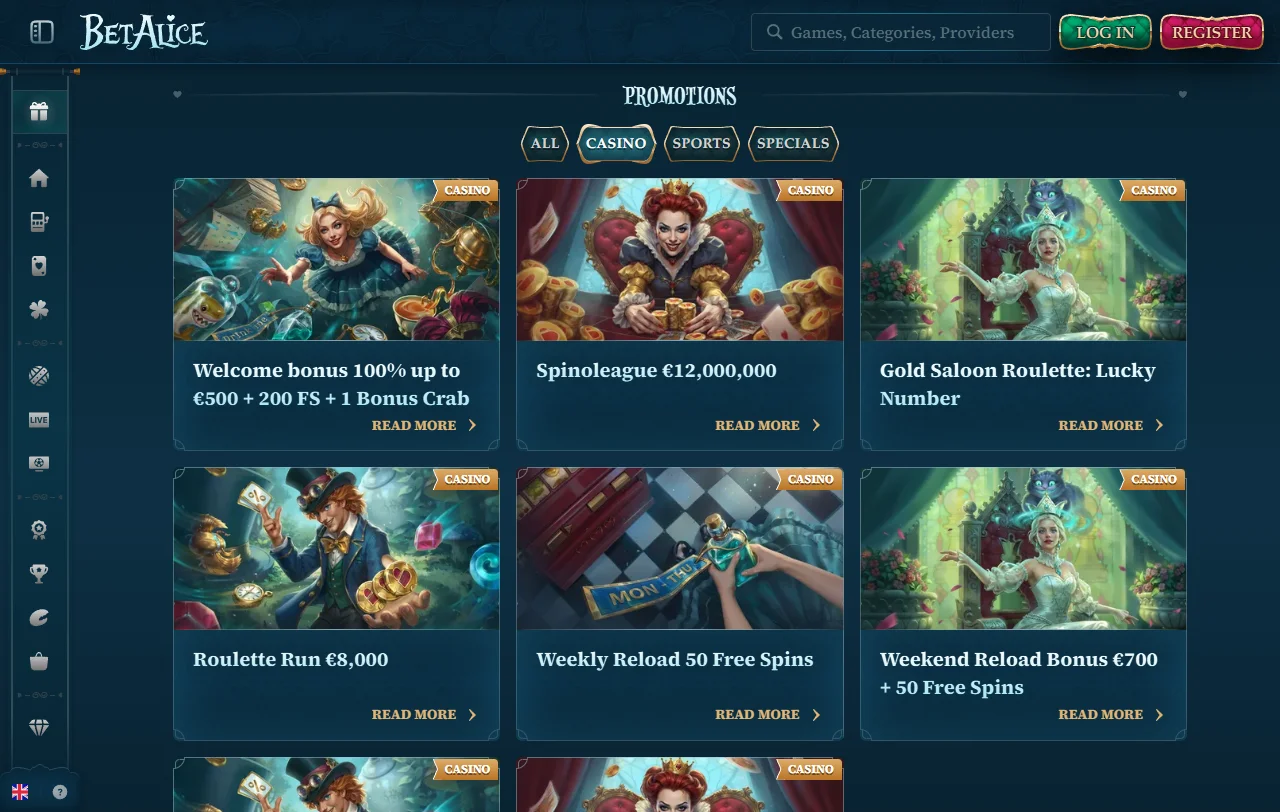 BetAlice Casino games overview with slots, tables, and live options