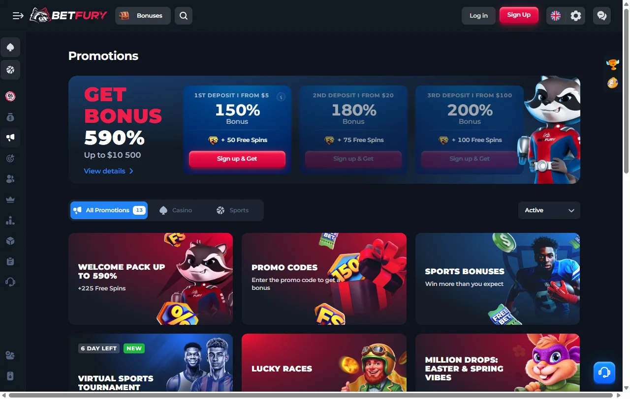 BetFury Casino game library with slots, live tables, and crash titles