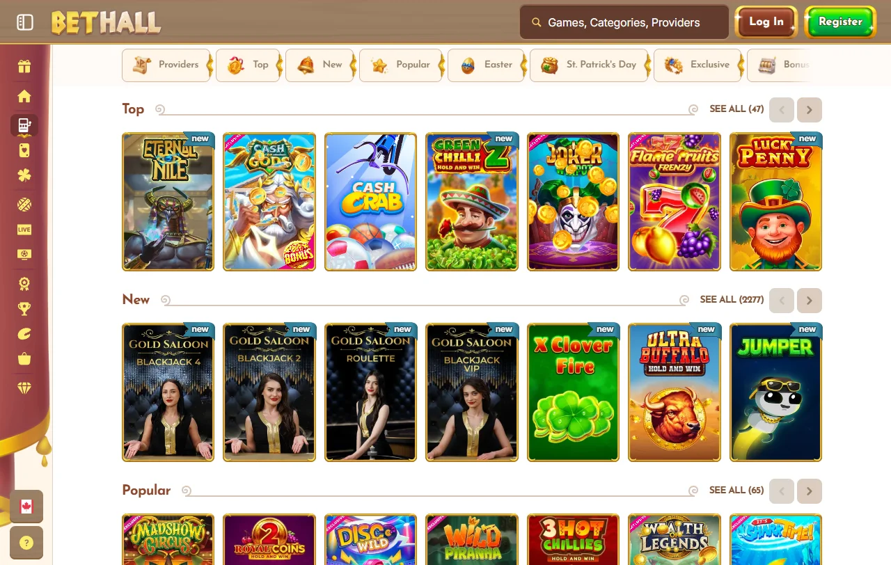 BetHall Casino games overview with slots, live dealer tables, and providers