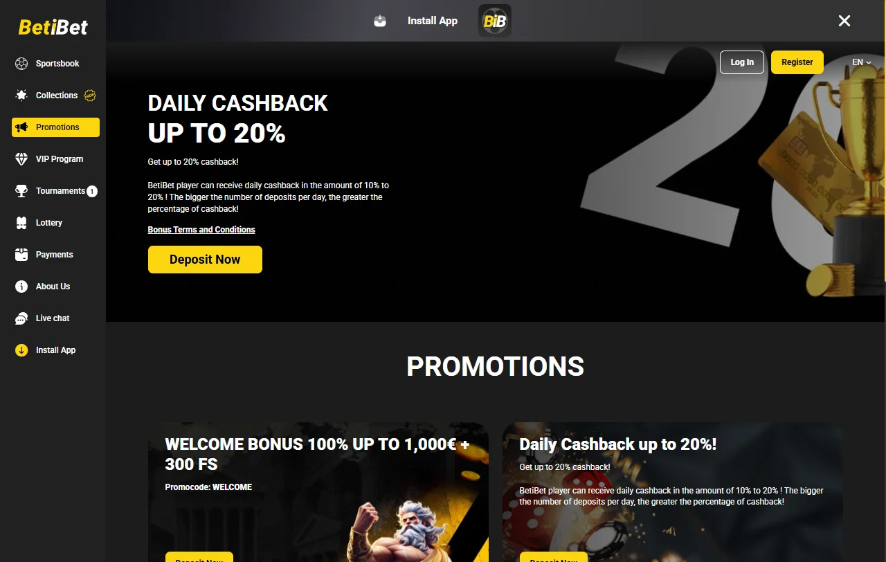 BetiBet Casino overview of slots, live tables, and providers