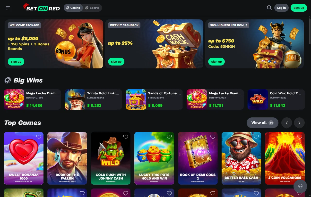 BetOnRed Casino game overview with slots, tables, and live dealer variety