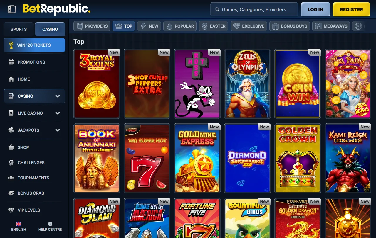 BetRepublic Casino slots, tables and live game options
