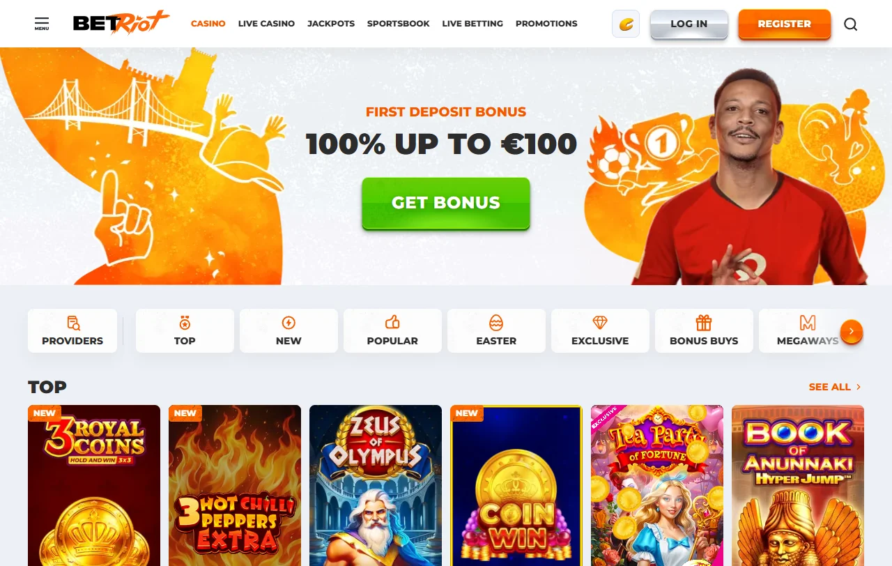BetRiot Casino slots, live tables and provider selection overview