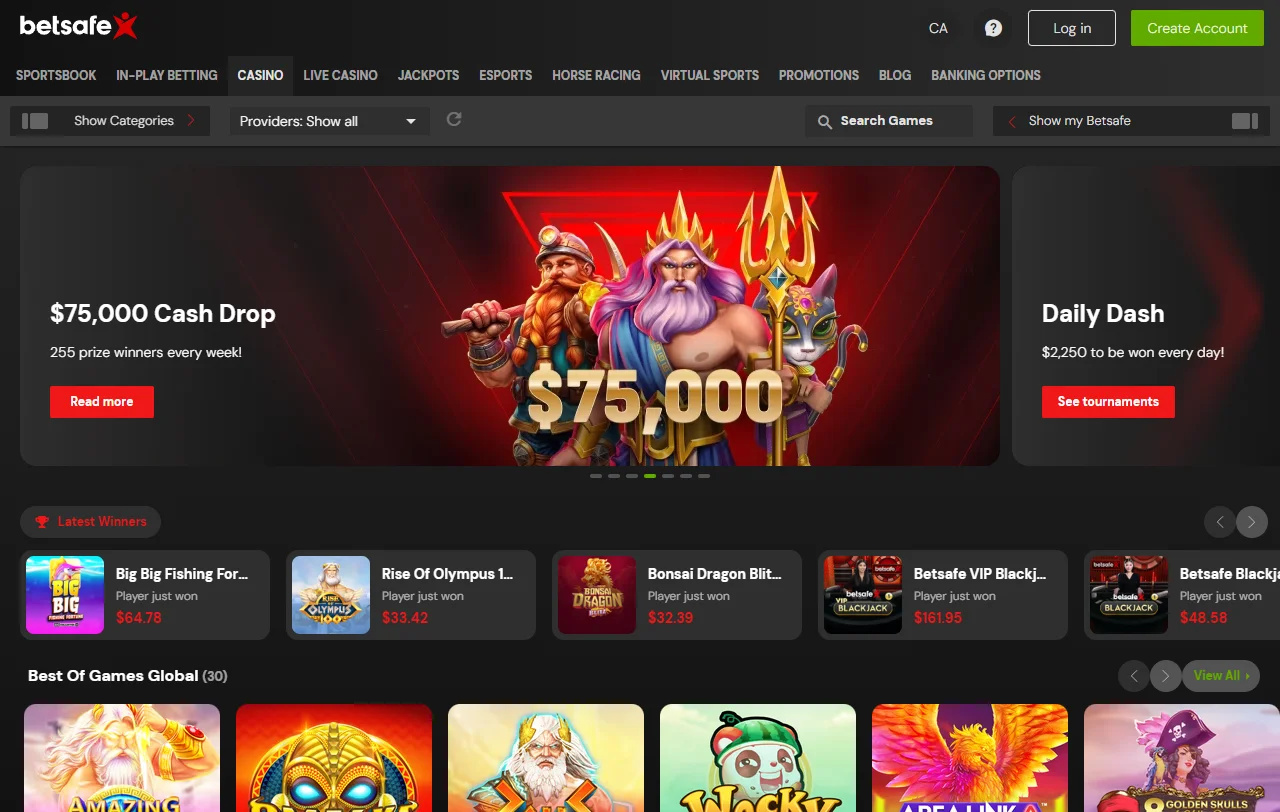 Betsafe Casino slots and live dealer selection for Canada players