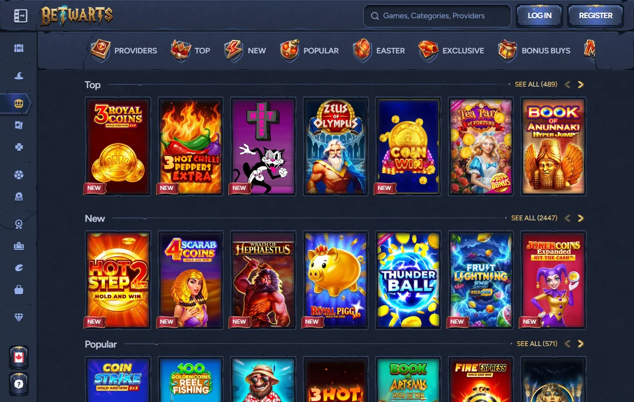 Betwarts Casino slots and live dealer selection overview
