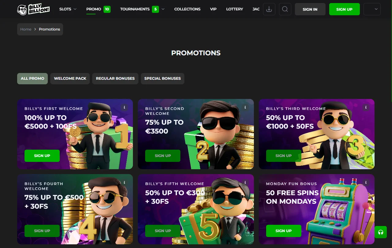 Billy Billion Casino game library overview with slots and live dealer options
