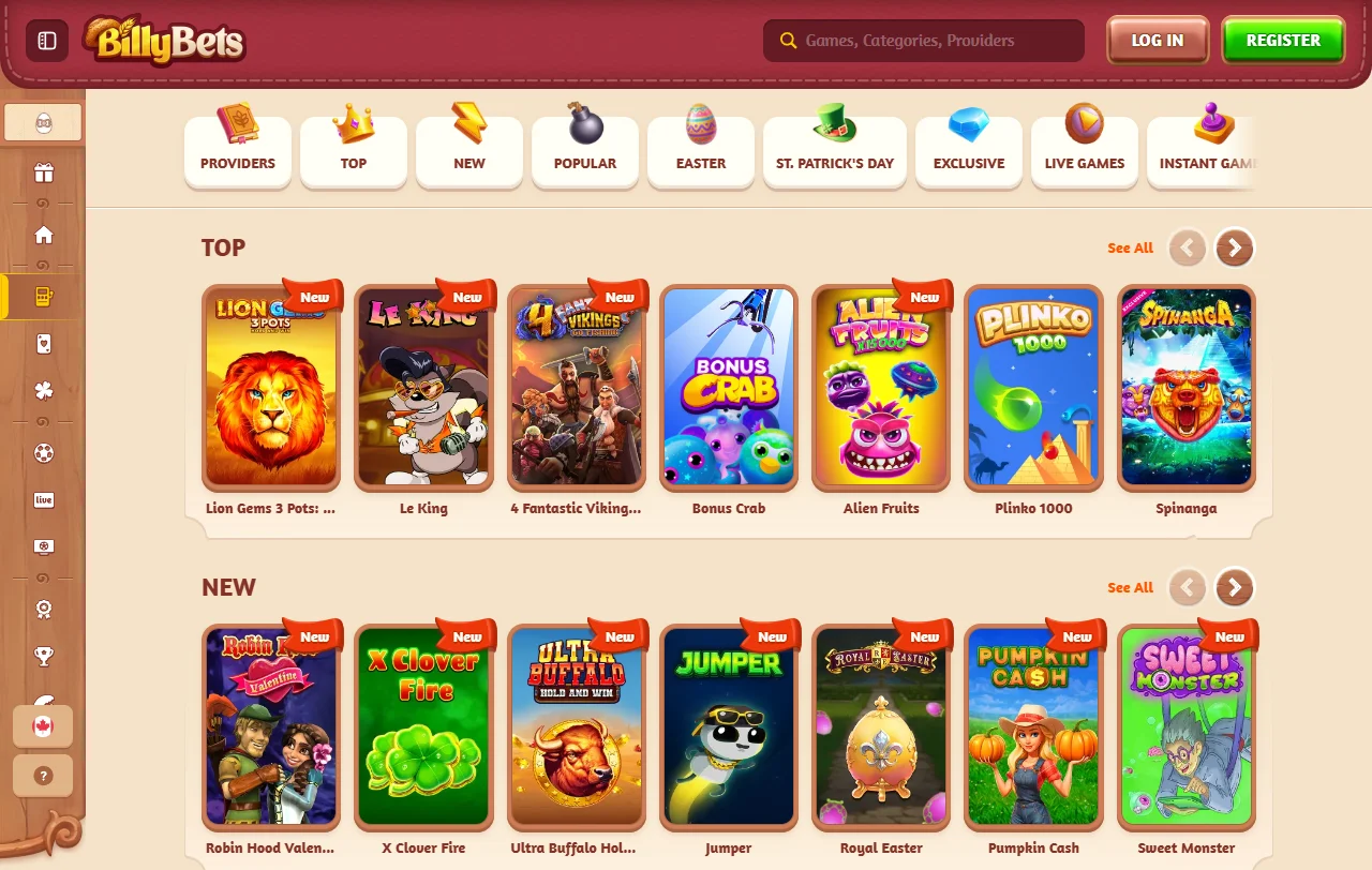 BillyBets Casino games and software selection for Canadian players
