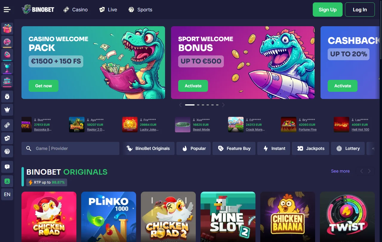 Binobet Casino overview with games, banking and support details