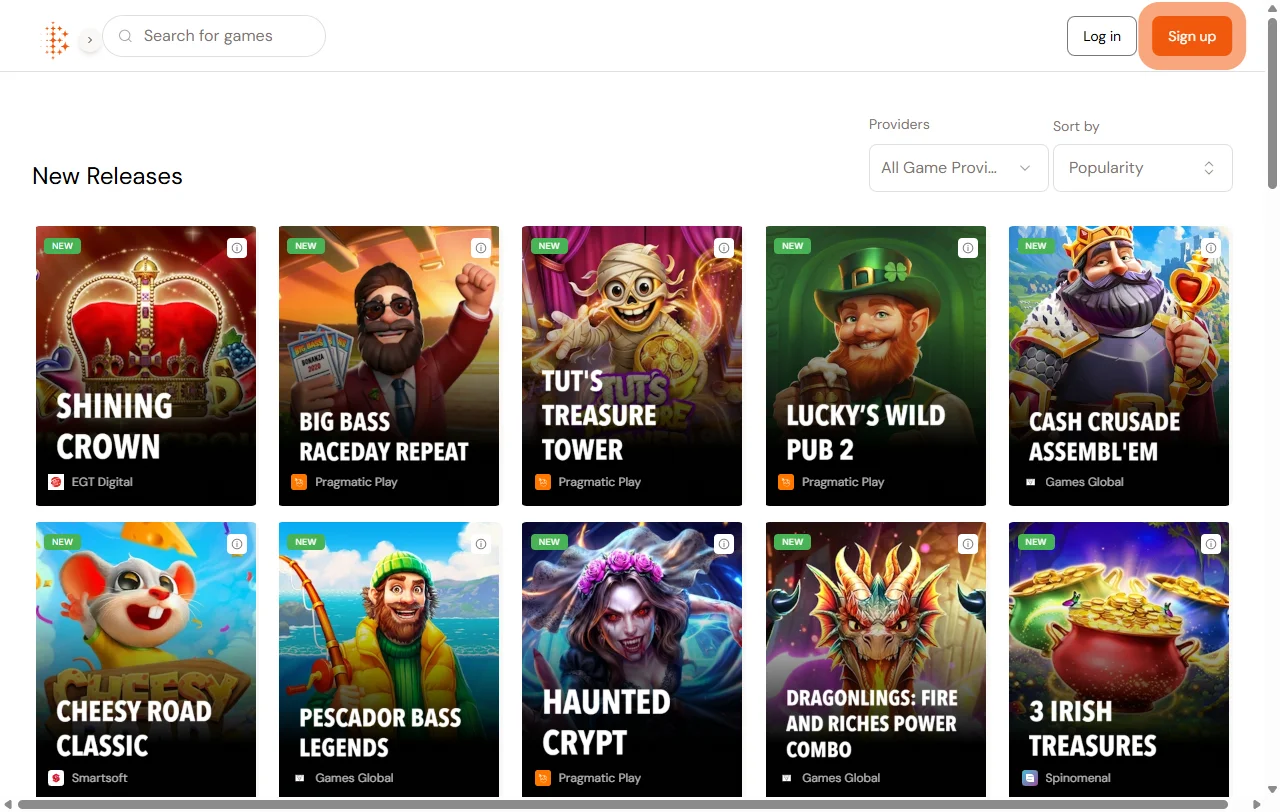 Bitcasino.io Casino games library with slots, live tables and providers