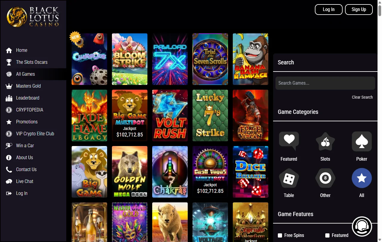 Black Lotus Casino games overview with slots and live tables