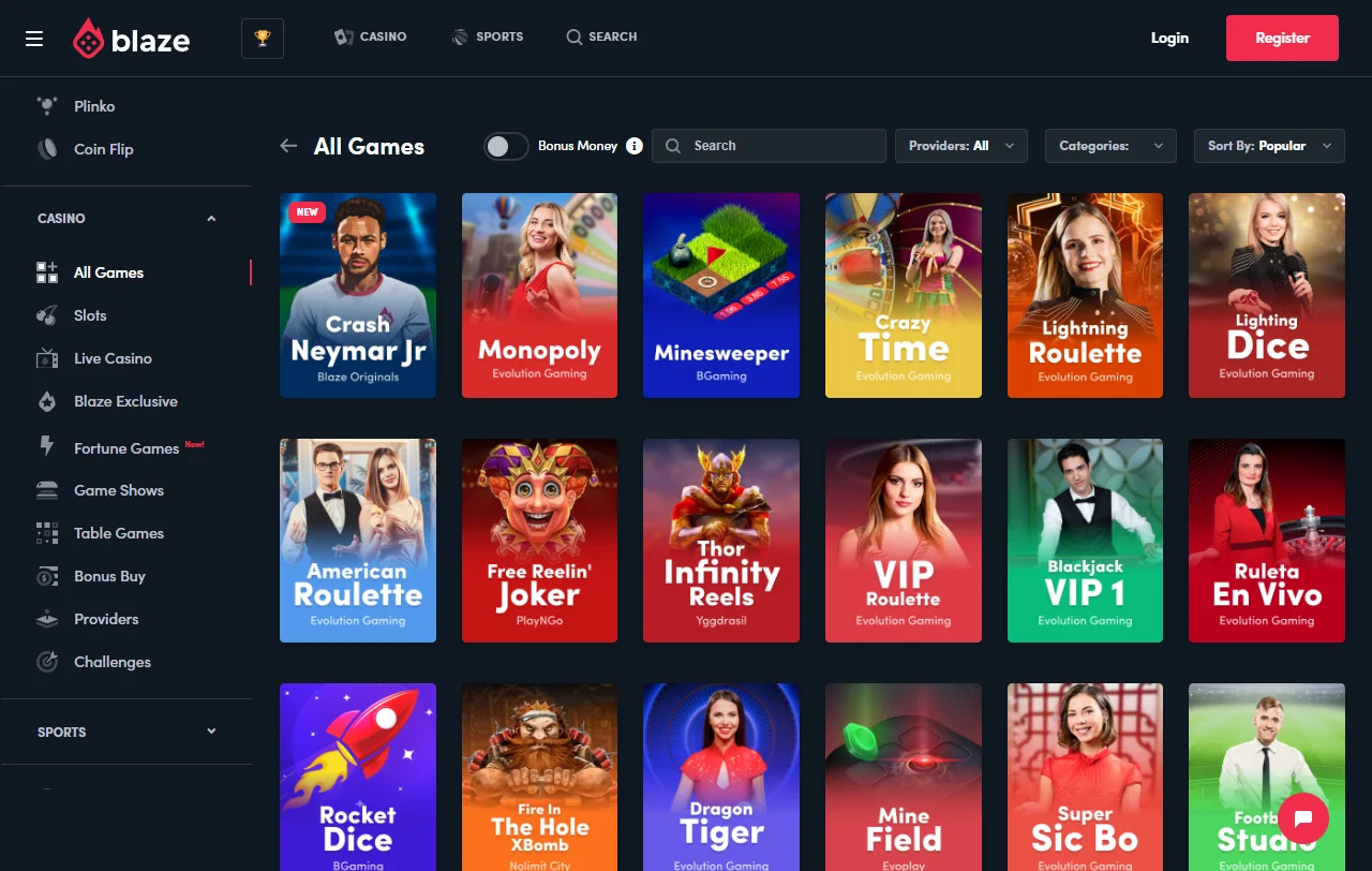 Blaze Casino games overview with slots, live tables, and providers