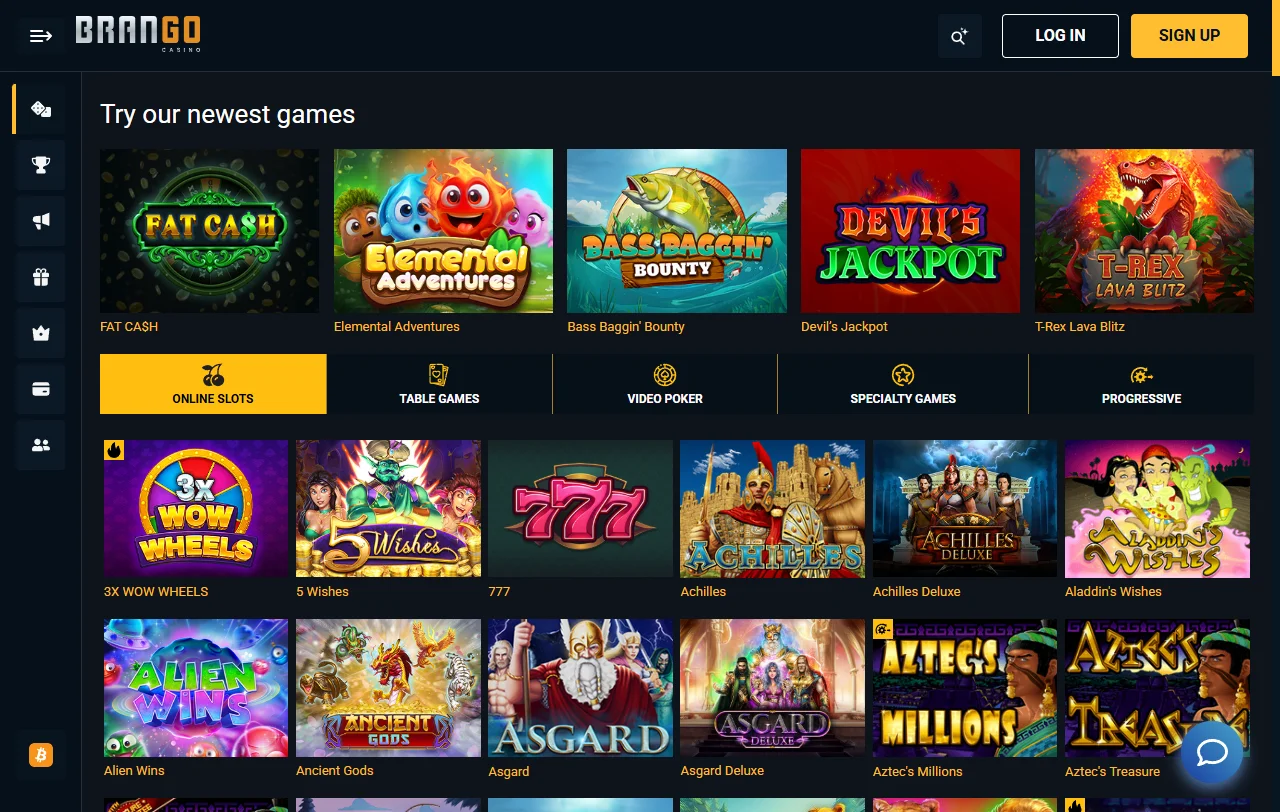 Brango Casino games overview with slots, live tables, and providers