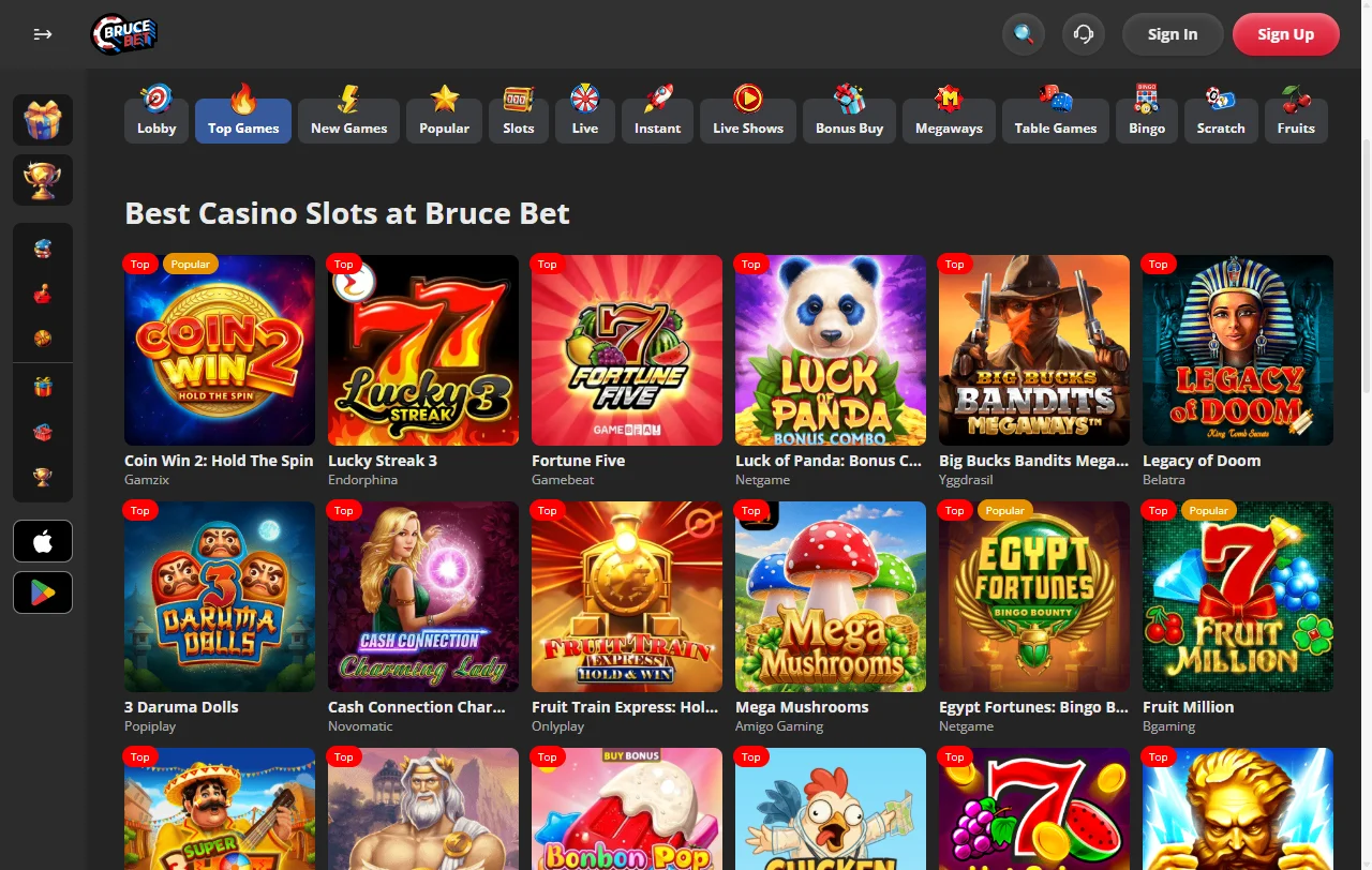 BruceBet Casino games library with slots, tables, and live options