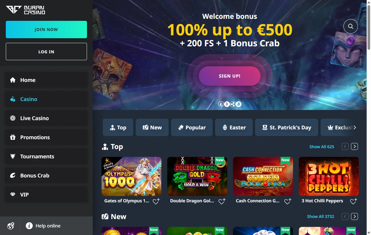 Buran Casino game selection with slots and live dealer options