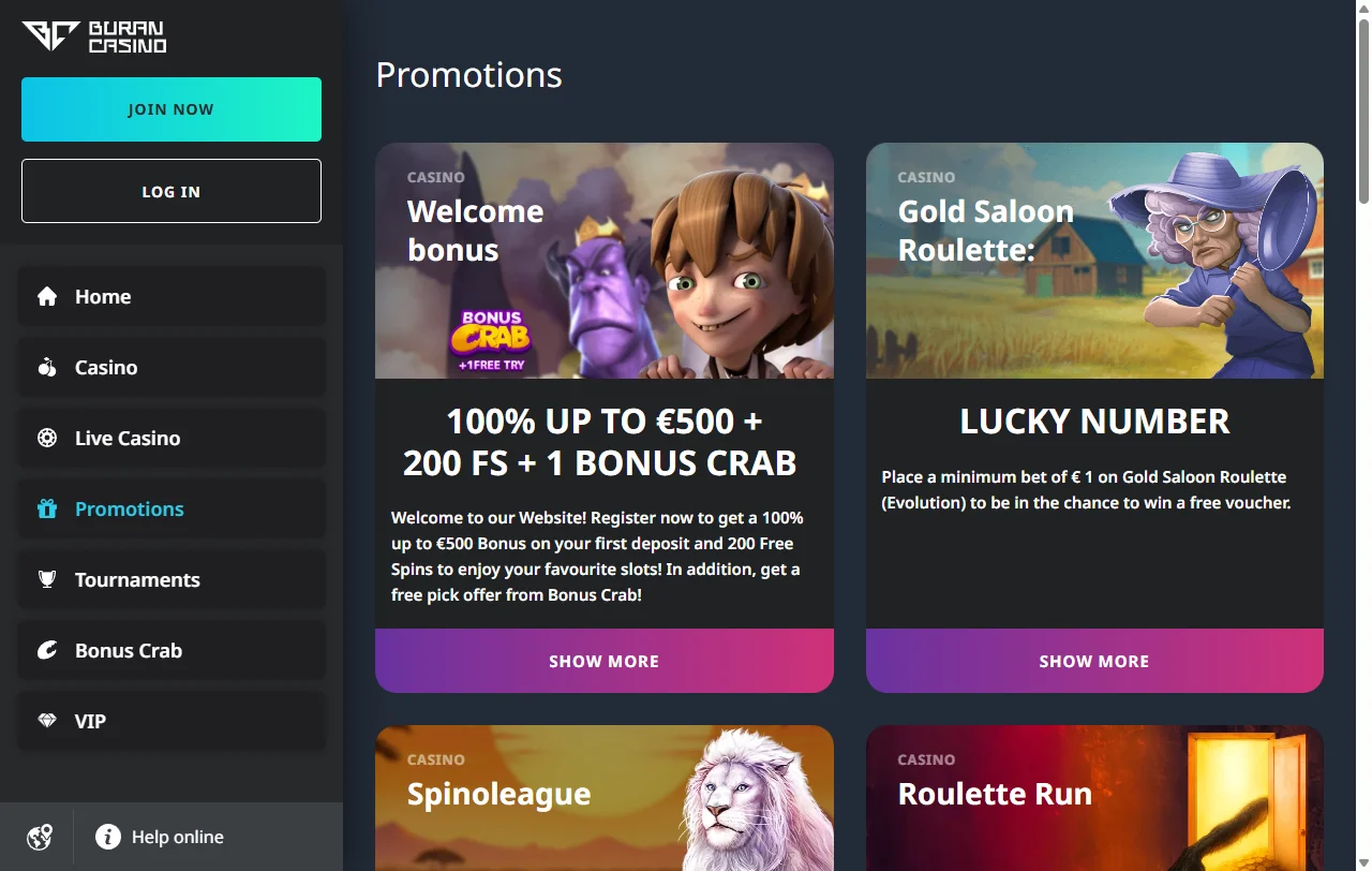 Buran Casino bonus terms and promotional structure for new players