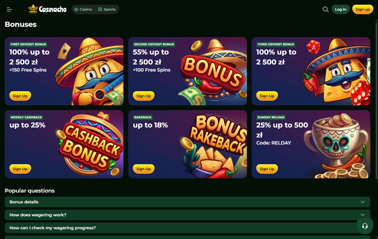 Casinacho Casino bonus details and promotional structure for Canada players