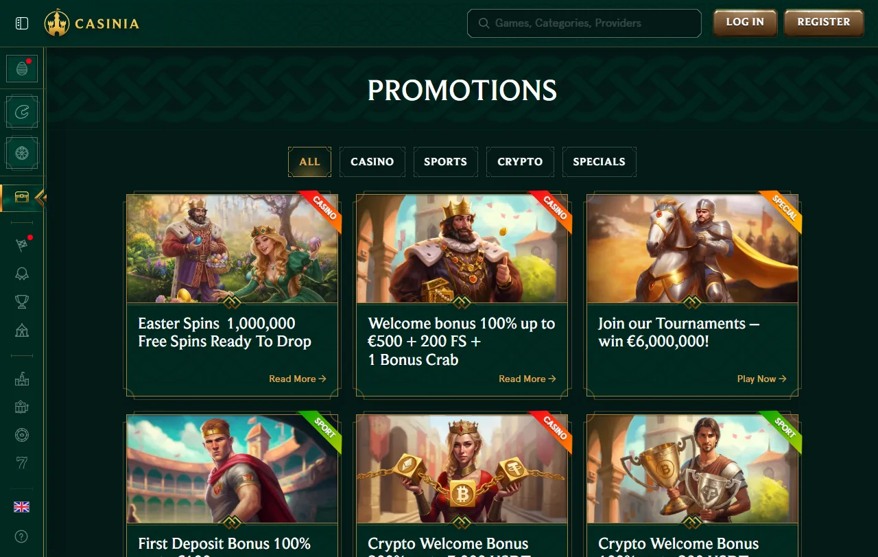 Casinia Casino games overview with slots, tables, and live content