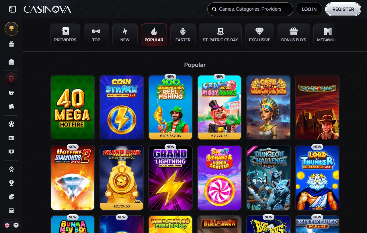 Casinova Casino games and live dealer selection overview
