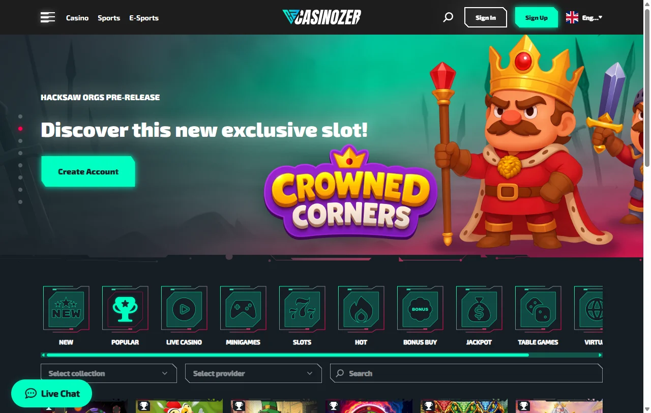 Casinozer Casino game library with slots, live tables and software variety