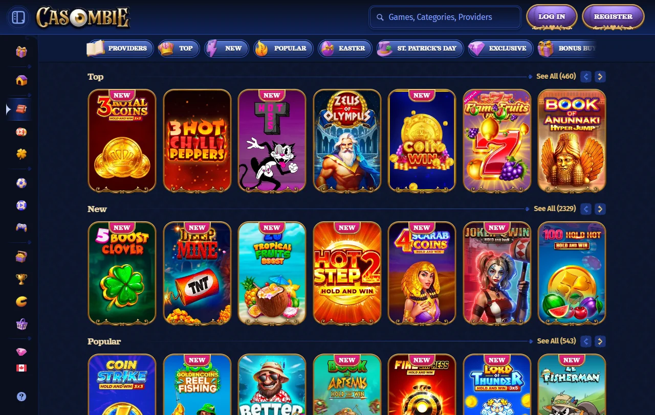 Casombie Casino slots, live dealer tables and software providers