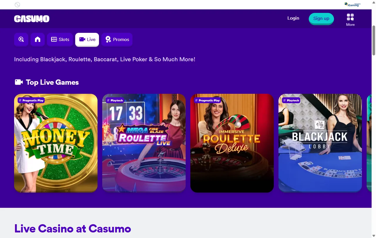 Casumo Casino games library with 5,300-plus slots and live dealer coverage