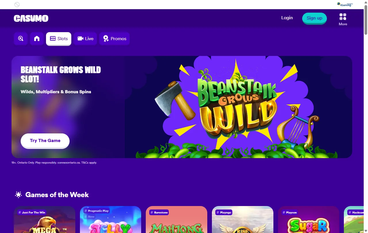 Casumo Casino promotions page showing 100% up to $500 welcome bonus and offers