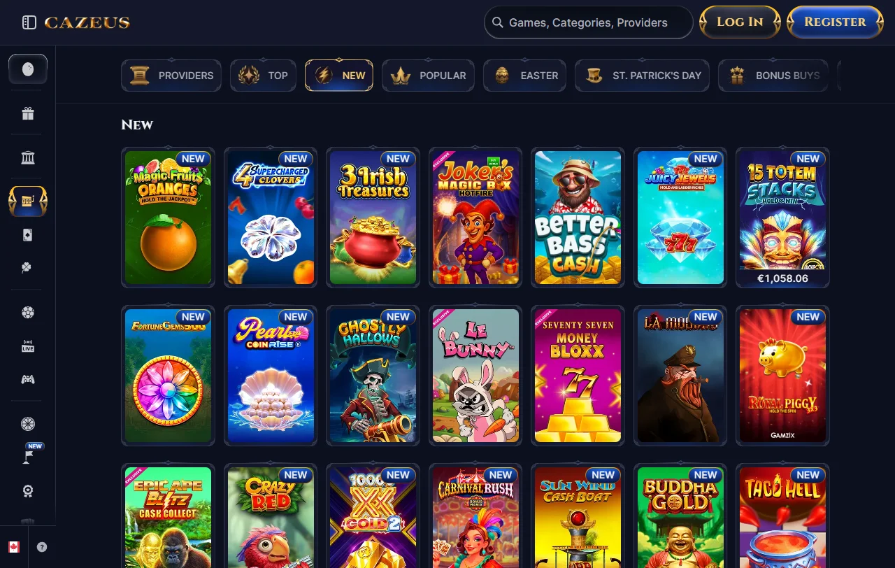 Cazeus Casino games library and entertainment options for Canadian users