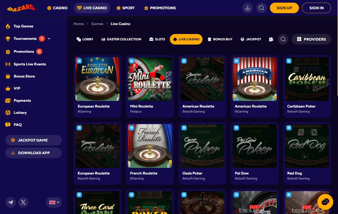 Dazard Casino game selection with slots and live dealer options