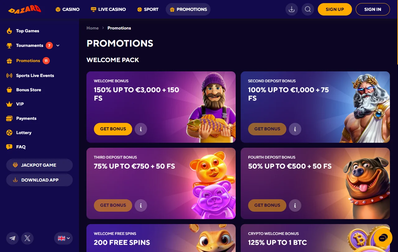 Dazard Casino welcome offers and promotional structure for players