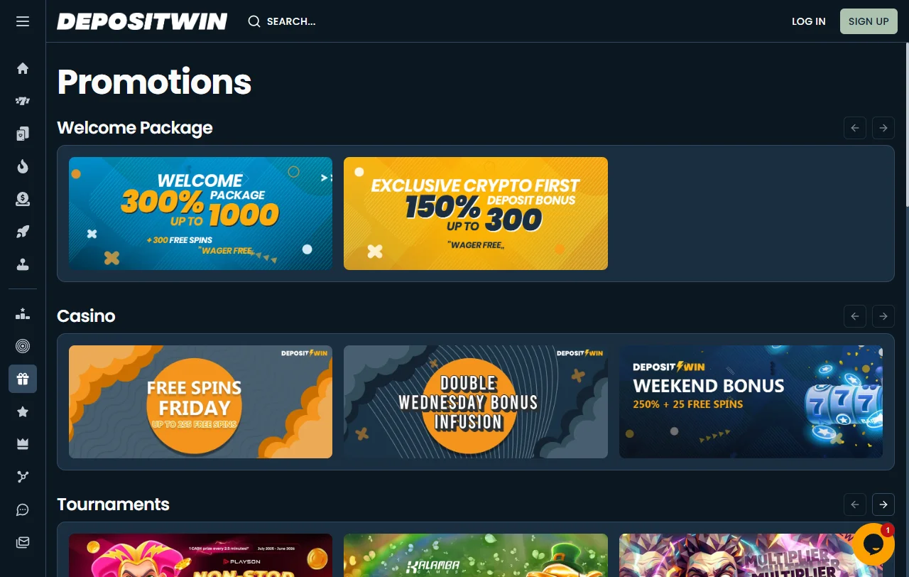 DepositWin Casino games catalogue featuring slots, tables, and live options