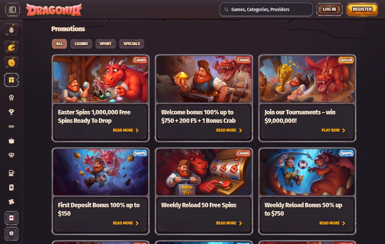 Dragonia Casino games library with slots, tables, and live dealer options
