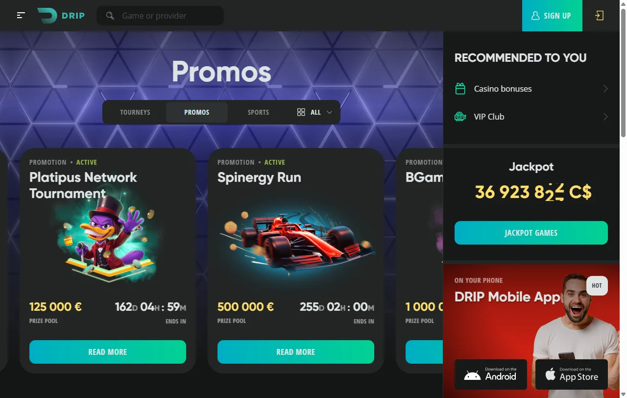 Drip Casino games library with slots, tables and live content