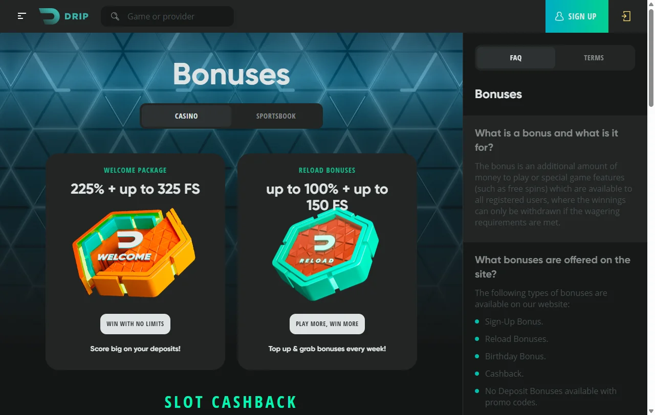 Drip Casino bonuses and welcome offer details for Canada players