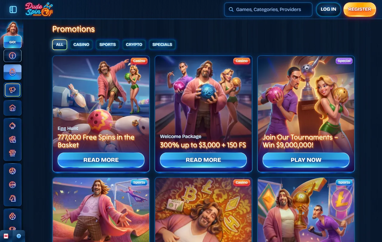 DudeSpin Casino games, slots, and live dealer library overview