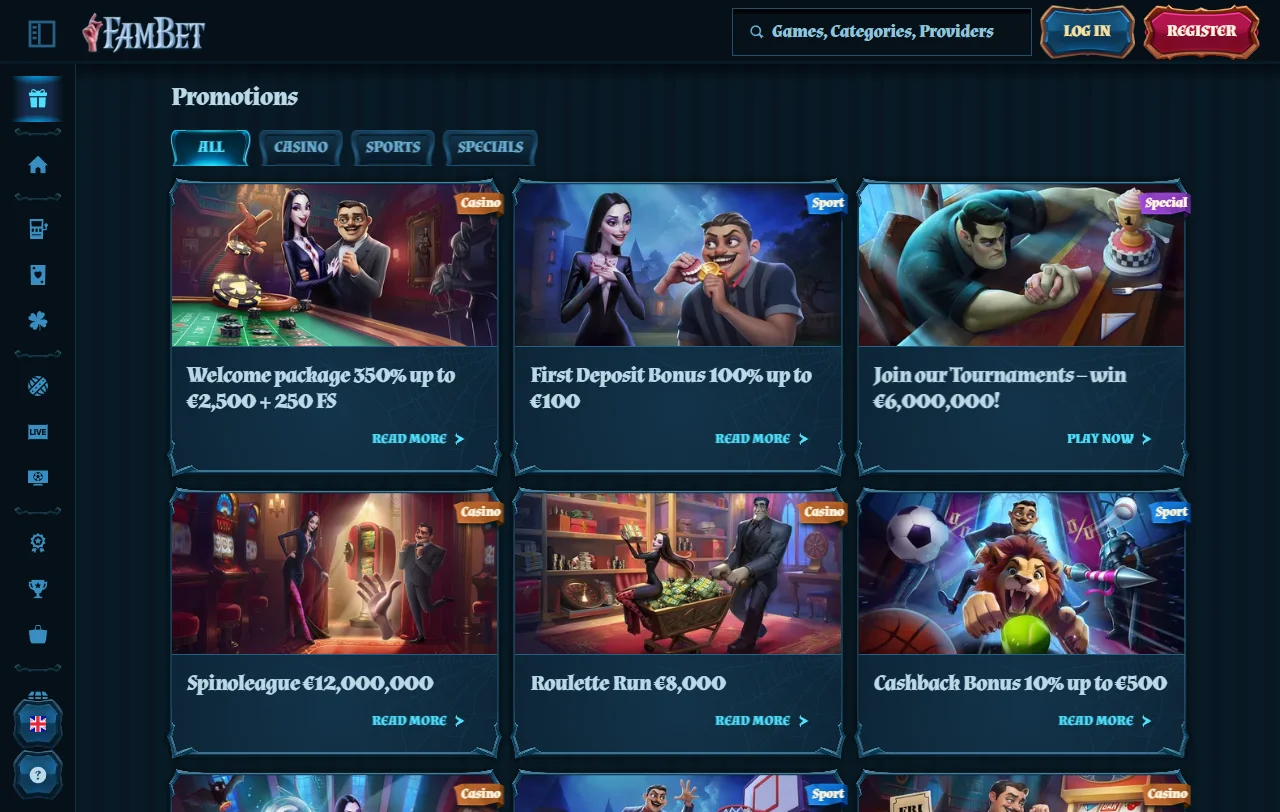 Fambet Casino games overview with slots, live tables and providers