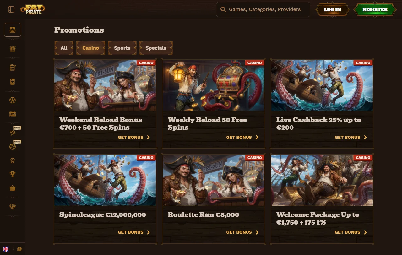 Fat Pirate Casino overview of slots, live tables and providers