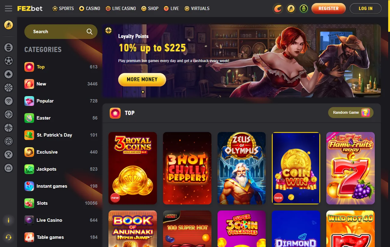 FezBet Casino slots, live tables and game variety