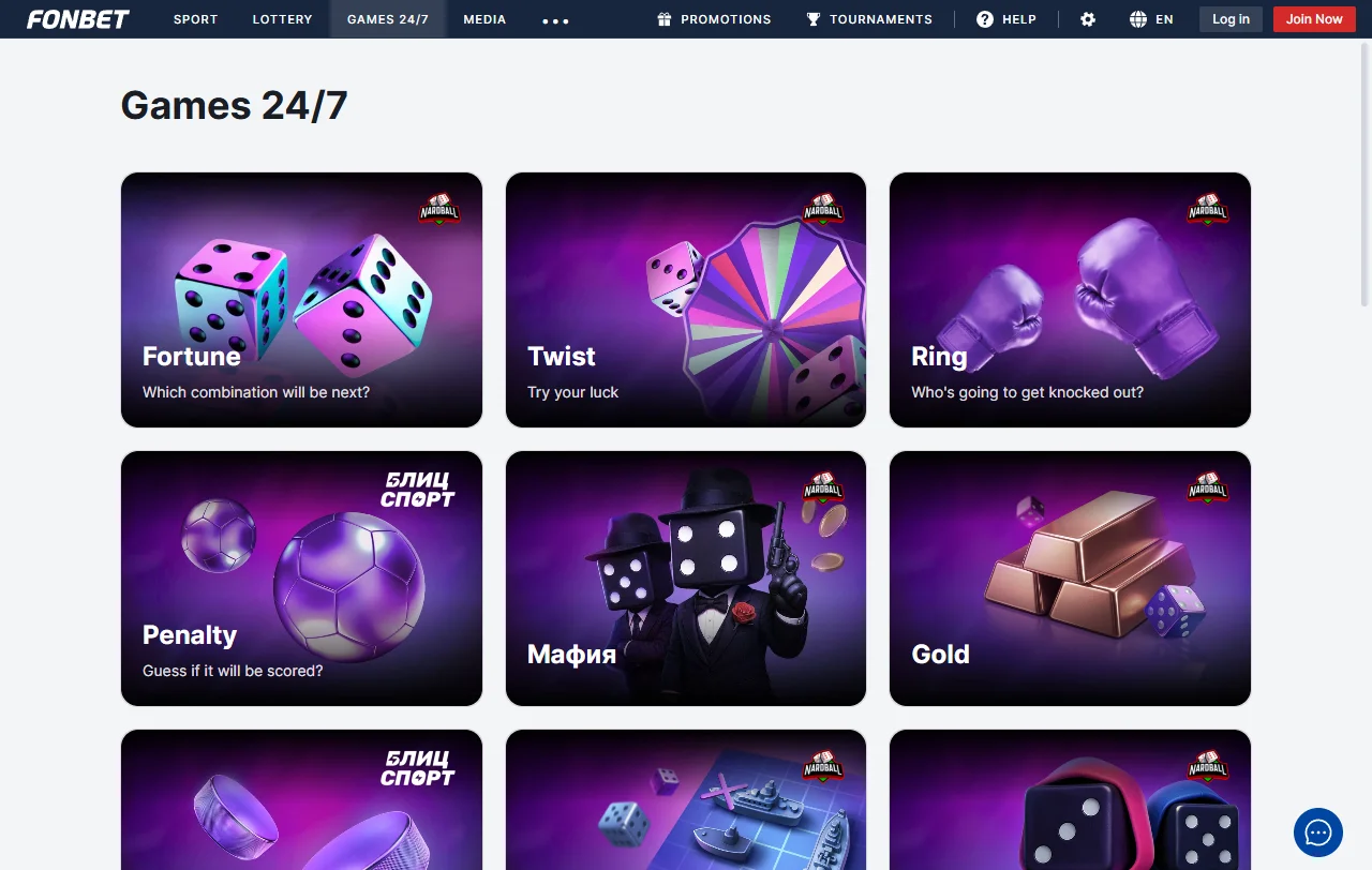 Fonbet Casino game library with slots, live tables, and variety